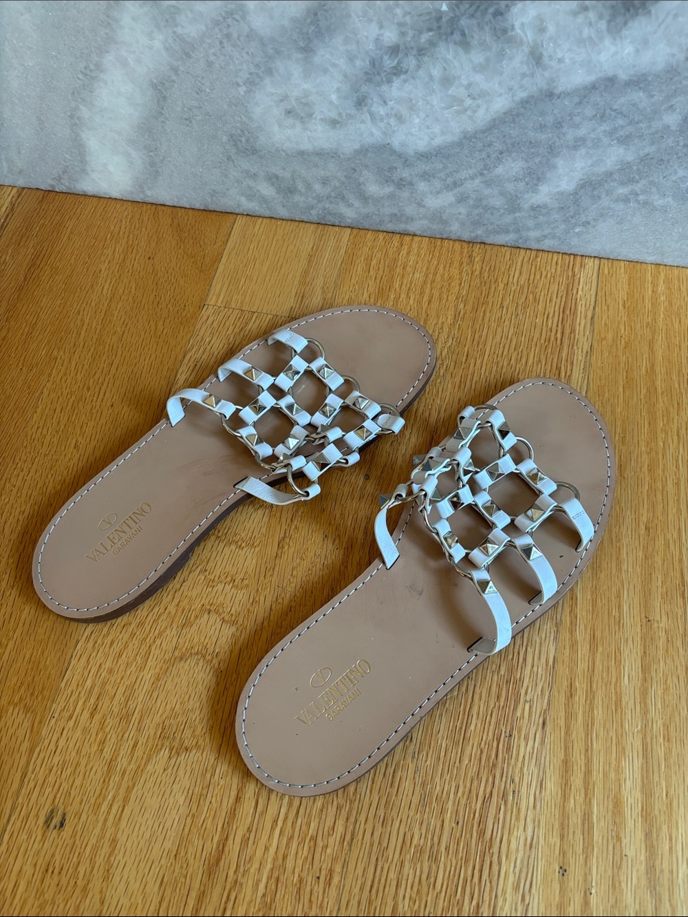 Valentino White Leather Woven Stud Slide Sandals